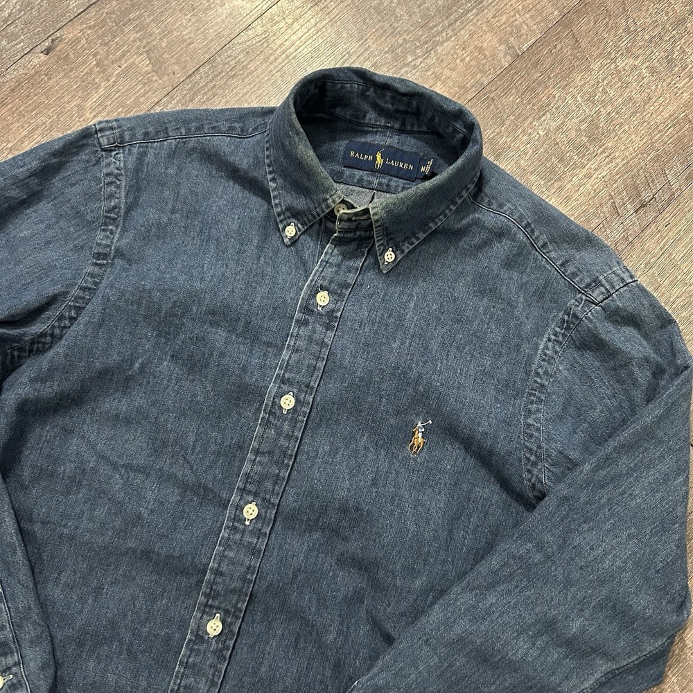 Polo Ralph Lauren Shirt Mens Medium Blue Long Sleeve Denim Chambray Flesh Pony